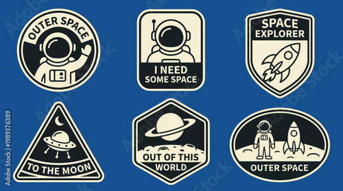 Collection of Vintage Space Exploration Badges with Astronauts and Cosmic Elements for Futuristic Designs