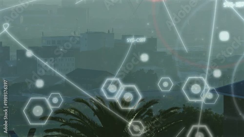 Clear HUD appearing in rain, hex nodes shifting, lines sweeping, ring pulsing highlighting points