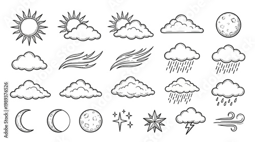 Collection of weather icons featuring sun, clouds, moon, rain, and wind