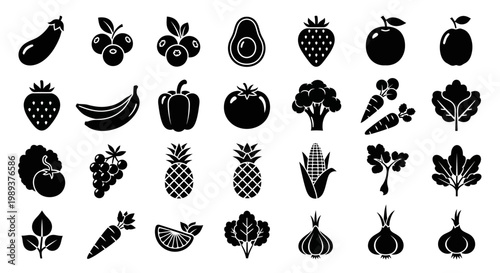 Comprehensive collection of fresh organic produce icons for healthy eating and design projects