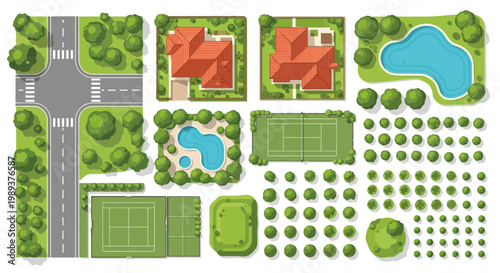 Comprehensive top-down map kit featuring suburban houses, green spaces, pools, and sports courts