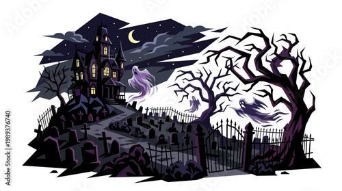 Spooky haunted house with ghostly figures.