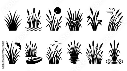 Black silhouettes of various cattail plants and water elements
