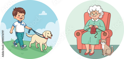 Vector Set of Boy Walking Dog and Elderly Woman Knitting with Cat for Family, Pet, and Lifestyle Illustrations