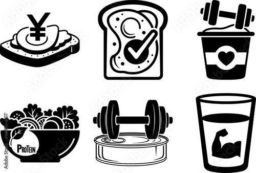 Black and white icons of fitness and nutrition symbols and food  healthy lifestyle