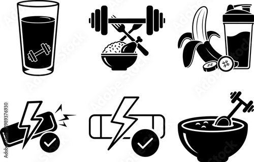 Black and white icons of fitness and nutrition symbols and objects in one frame