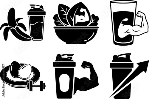 Black and white illustrations of fitness and nutrition icons and symbols