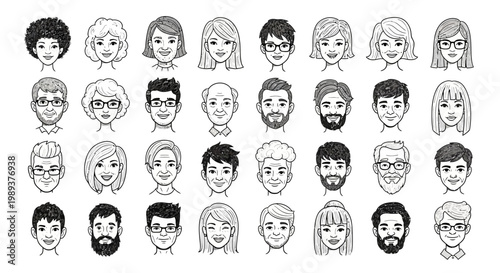Diverse Human Faces, Celebratory Gathering, White Background, Black Lines