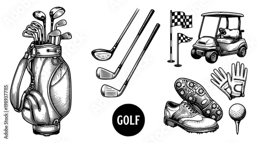 Vector illustration of various golfing equipment and accessories