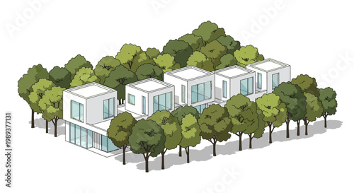 Contemporary housing development showcasing modern architecture integrated within a thriving natural forest, embodying sustainable design and ecological harmony for tranquil living