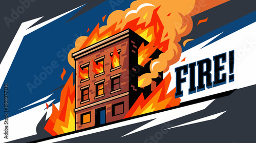Burning building with fiery flames engulfing the structure, emergency services needed for rescue