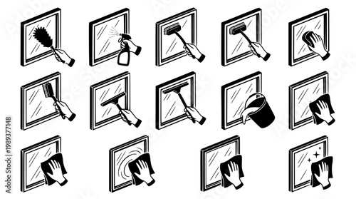 Various hands cleaning windows with many different tools and materials