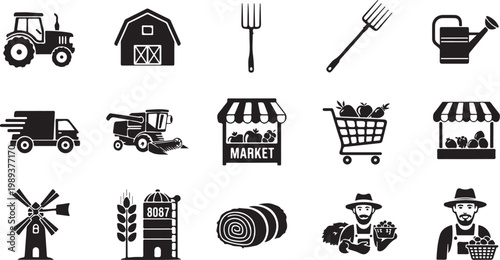 Agricultural icons and farm related symbols collection
