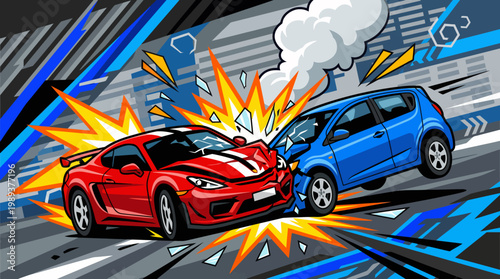 Dynamic high-speed vehicle collision on an urban street, featuring a red sports car and a blue compact vehicle in a dramatic and explosive impact illustration