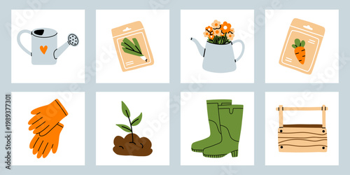 Vector gardening, farm and agriculture illustration collection with watering can, herb, carrot seed packets, flower jug, glove, seedling sprout, rubber boot, wooden crate. Cute spring poster set.