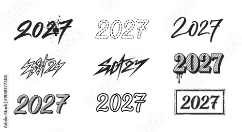 A diverse collection of 2027 year typography, featuring various creative and modern lettering styles for graphic design, future-themed projects, and event celebrations