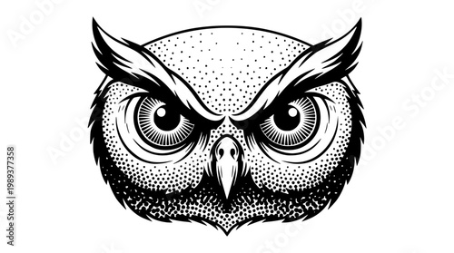 Stylized owl face with intense expression and dotted details