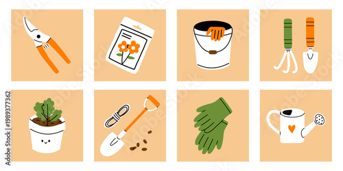 Vector gardening, farm, agriculture clipart collection with pruning shear, flower seed packet, bucket with glove, tools, cute potted plant, shovel, watering can. Cute spring poster illustration set.