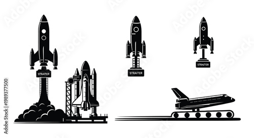 Collection of black silhouette rockets and spacecraft launching into the sky