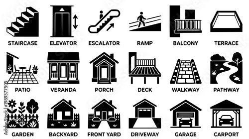 Vector graphic illustration of various home exterior design elements