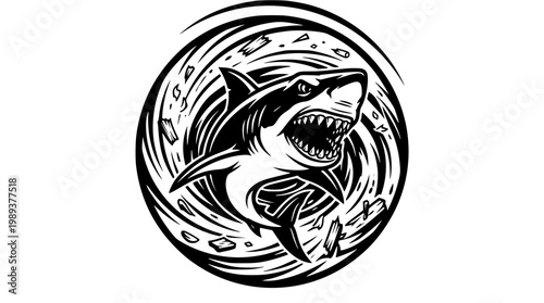 Fierce shark in circular vector graphic illustration design