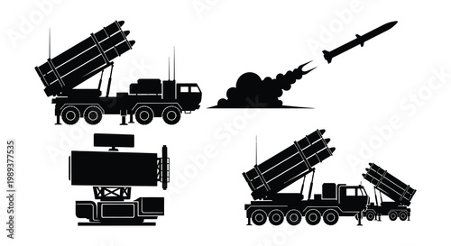 Black silhouette illustrations of a missile launching system and components
