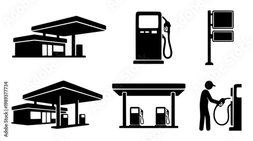 Vector graphic of various gas station designs and elements