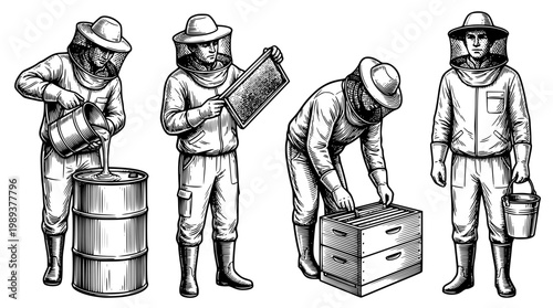Beekeepers in protective suits working with honey and beehives