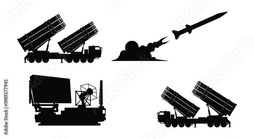 Black silhouette illustrations of a missile launching system and components