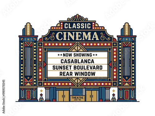 Classic Cinema Theater Marquee with Now Showing Films Advertisement