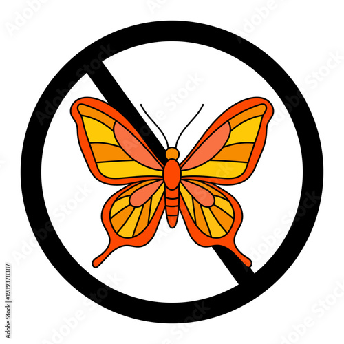 No entry for butterflies in garden area during spring season to prevent damage to plants and flowers, vector illustration