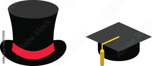 Top hat and graduation cap icon set in flat vector style. Classic formal hat and academic mortarboard symbols. Simple black and red design for education and fashion themes.