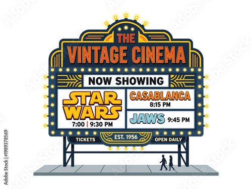 Retro cinema marquee displaying movie showtimes for classic films like Star Wars and Casablanca