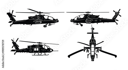 Silhouettes of military attack helicopters from multiple perspectives
