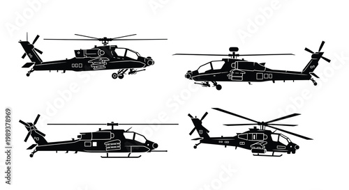 Silhouettes of military attack helicopters from multiple perspectives