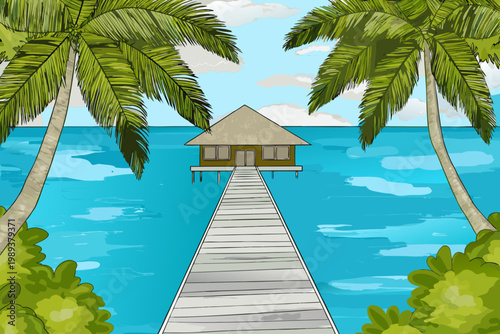 A colorful illustration of a thatched roof bungalow over tropical waters