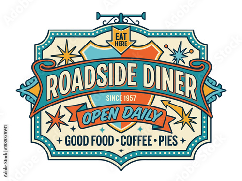 Retro Roadside Diner Signage Featuring Bold Typography and Classic Motifs for a Nostalgic Eatery Experience