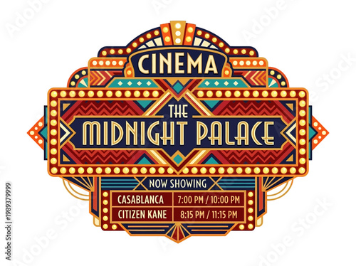 Classic Cinema Theater Signage with Showtimes for Casablanca and Citizen Kane