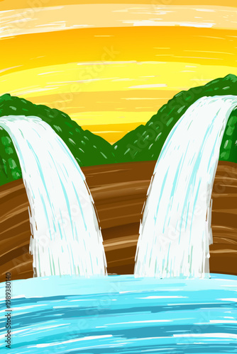A colorful simplistic drawing of a landscape with waterfalls and a river