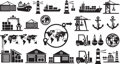 Global Logistics and Shipping Icons Set Illustration