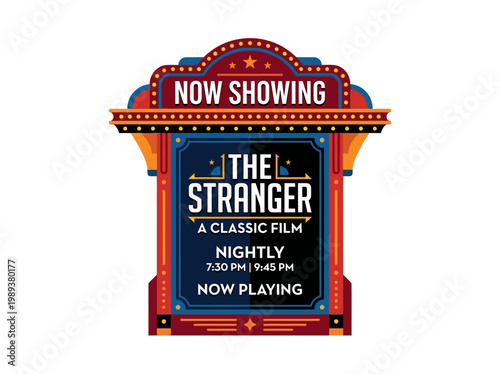 Retro movie marquee displaying 'The Stranger' a classic film, showing nightly with showtimes and 'Now Playing' announcement