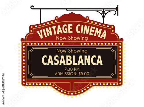 Retro Cinema Marquee Sign Displaying 'Casablanca' Showtimes and Admission Price