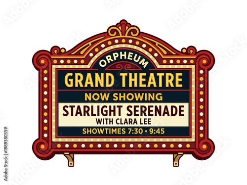 Vintage Grand Theatre Marquee Illustration Showcasing 'Starlight Serenade' with Clara Lee