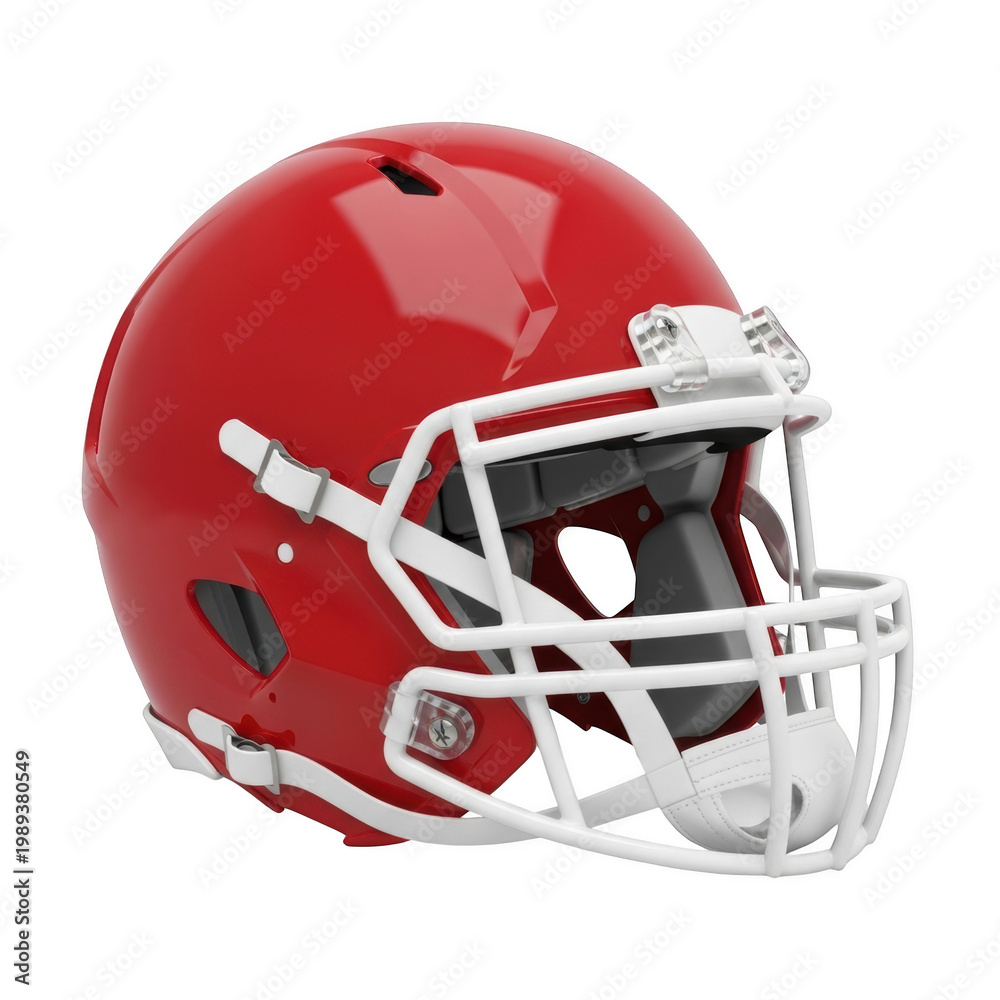 Fototapeta premium A red football helmet with a white face guard isolated on transparent background