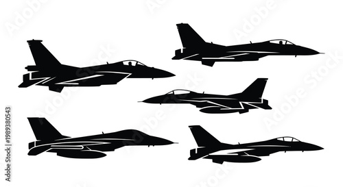 Four silhouettes of fighter jets in dynamic flight formations