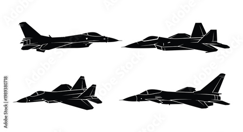 Four silhouettes of fighter jets in dynamic flight formations