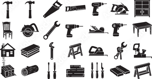 Collection of various carpentry and construction tools icons