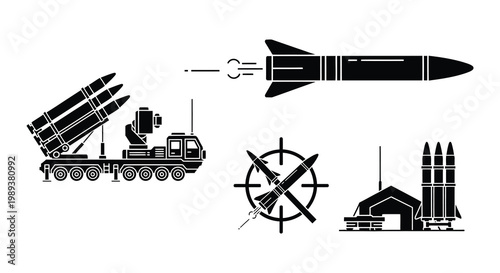 Military weapons and technology icons missiles radar and army symbol