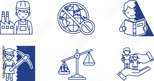Concepts of education industry justice and protection simple outline drawings on transparent.