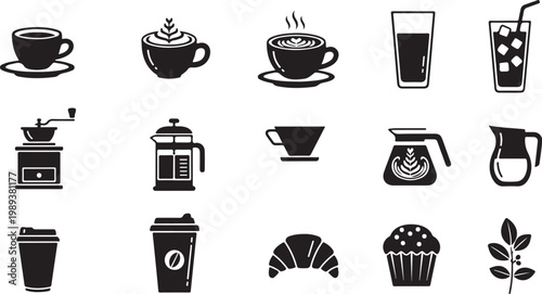 Coffee and Bakery Icons Set in Black Silhouette